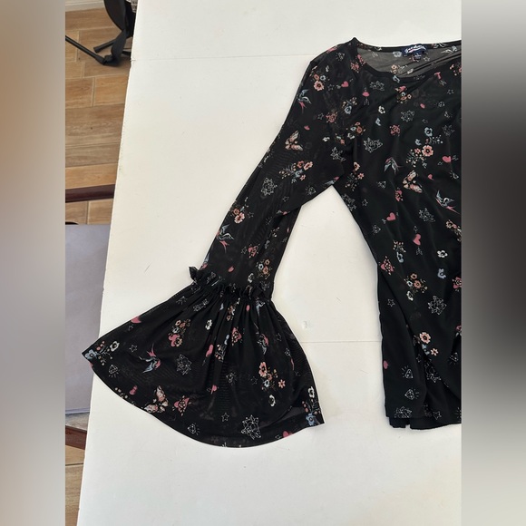 Freshman 1996 Black with Floral Print Sheer 90s Y2K Long Sleeve Blouse Large - Picture 9 of 11